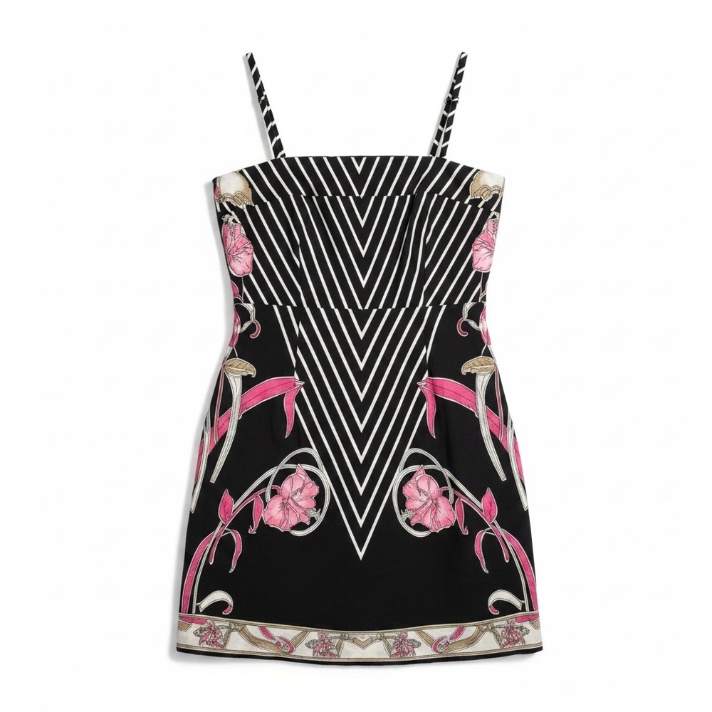 Floral Chevron Sun Dress Black Pink White L Geometric Hibiscus Mini Retro Y2K